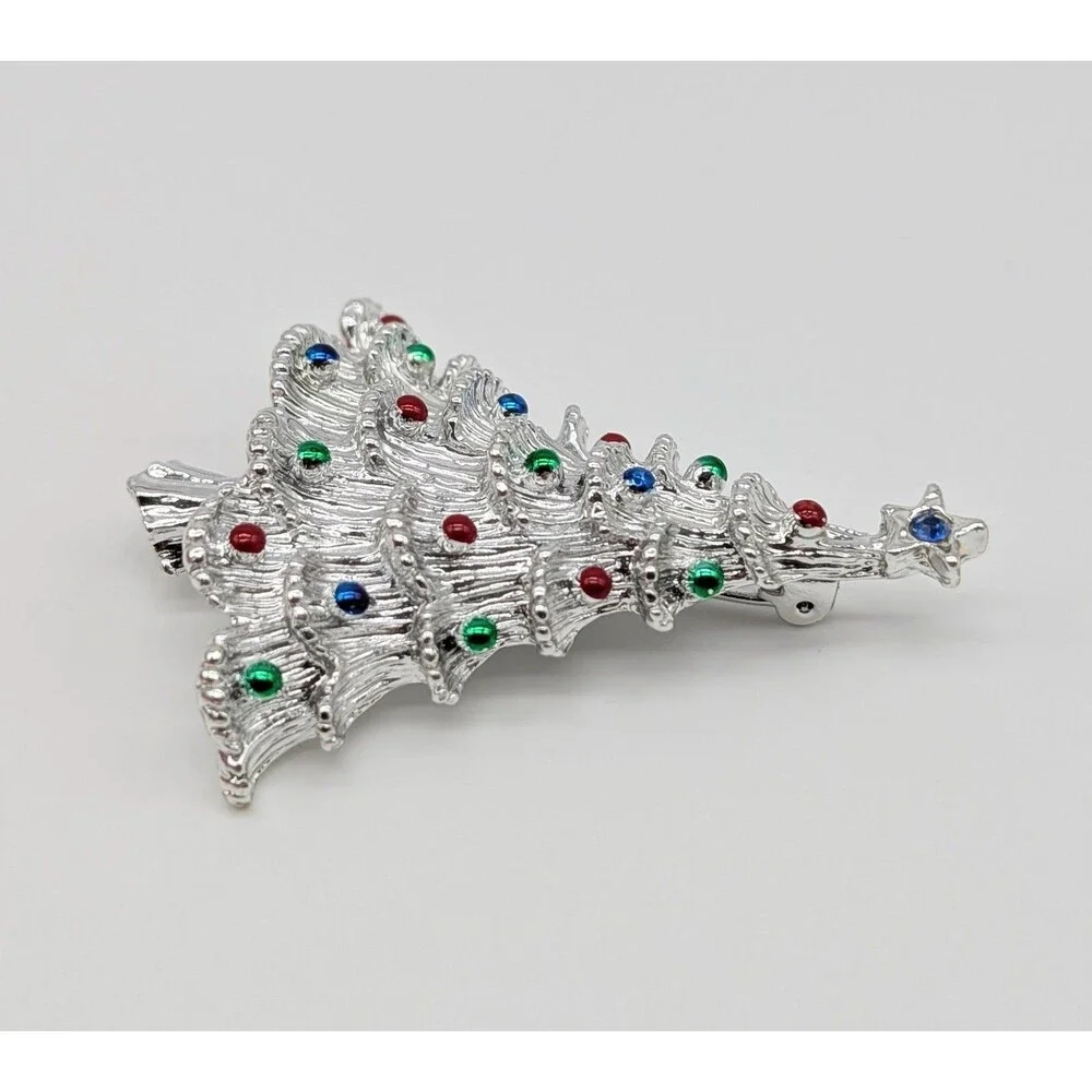 Gerry's Christmas Tree Brooch Pin Rhinestone Silver Tone Enamel Holiday
